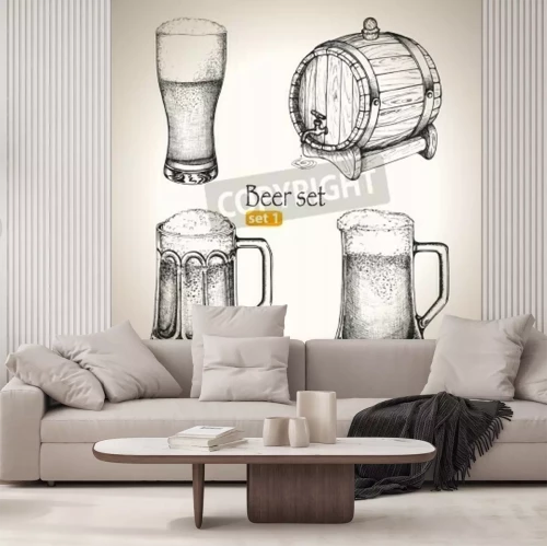 Papier peint  Chopes et fûts pour boisson houblonnée