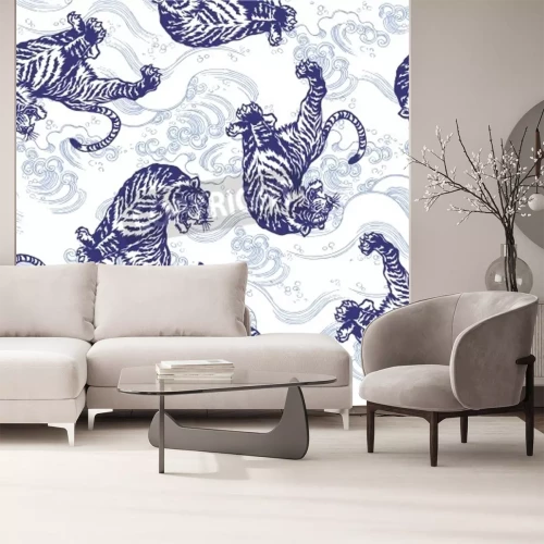 Papier peint  Dessin bleu style japonais