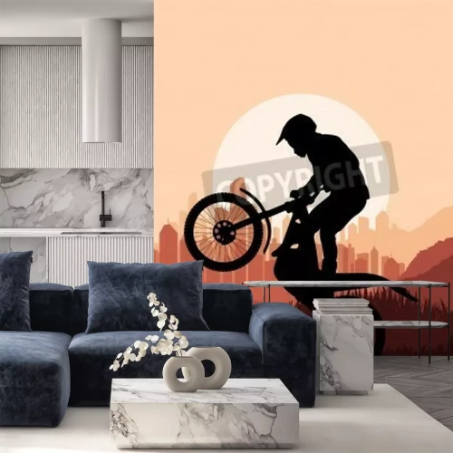 Papier peint  Coureur de moto dans la ville de gratte-ciel fond de paysage illustration