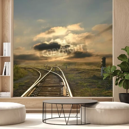 Papier peint  Voie ferrée au coucher de soleil