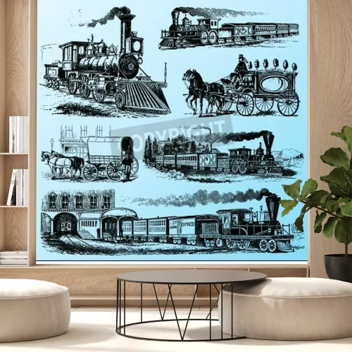 Papier peint  Trains et locomotives style croquis