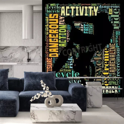 Papier peint  Silhouette de cycliste sur fond des inscriptions