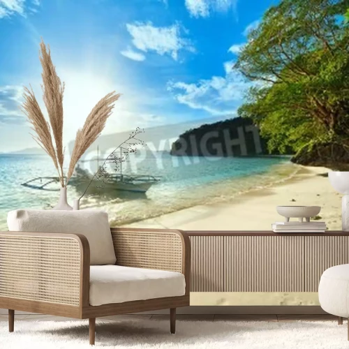 Papier peint  Plage et bateau sur la mer