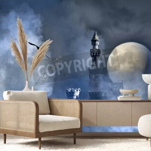 Papier peint  3D château dans les nuages nuit de pleine lune