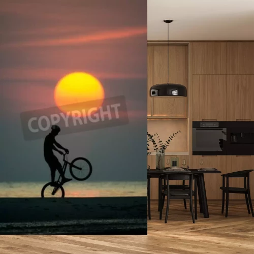 Papier peint  Un homme et un vélo au coucher du soleil