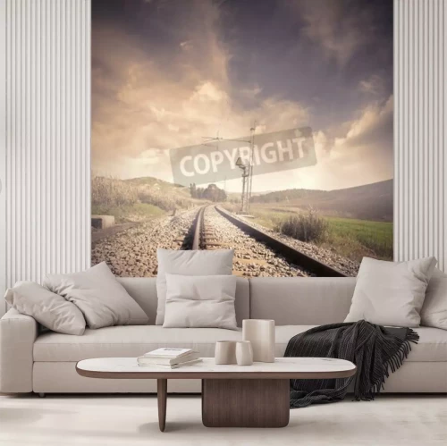 Papier peint  Voie ferrée déserte sous le bouillard