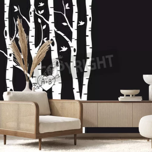Papier peint  Bouleaux blancs sur fond noir