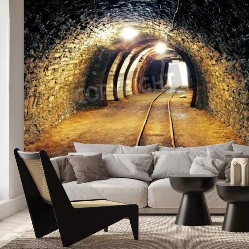 Papier peint  Tunnel dans une mine avec une voie ferrée