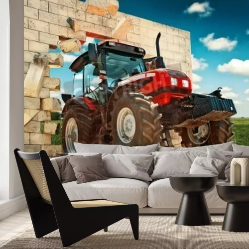 Papier peint  Un tracteur illustré traversant un mur