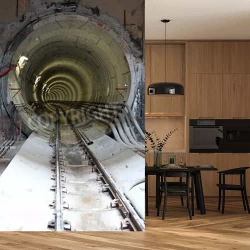 Papier peint  Tunnel avec une voie ferrée et des câbles