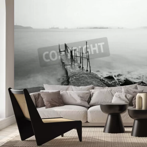 Papier peint  Passerelle abîmée noir et blanc brouillard