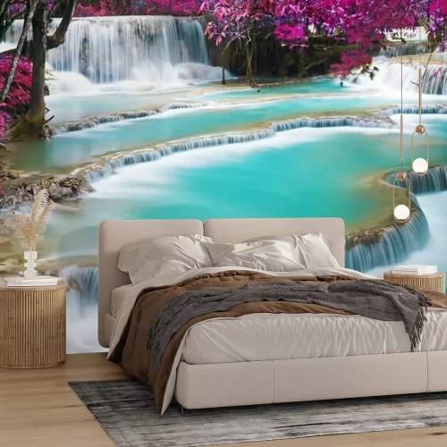 Papier peint  Cascade turquoise et arbres roses