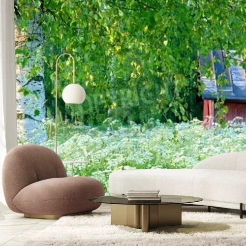 Papier peint  Bouleau et fleurs blanches