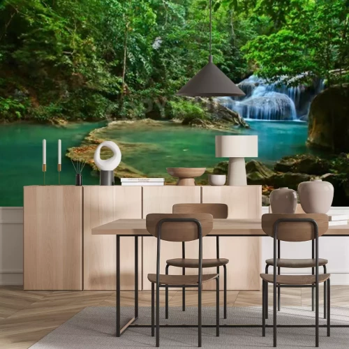 Papier peint  Chute d'eau et eau turquoise dans la forêt vierge