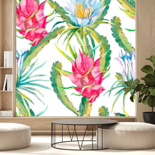 Sticker  Fleurs de pitaya et feuilles exotiques vertes