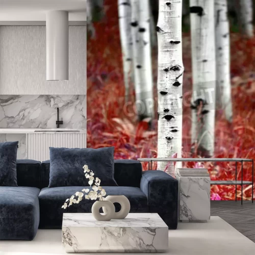 Papier peint  Bouleaux et fleurs rouges