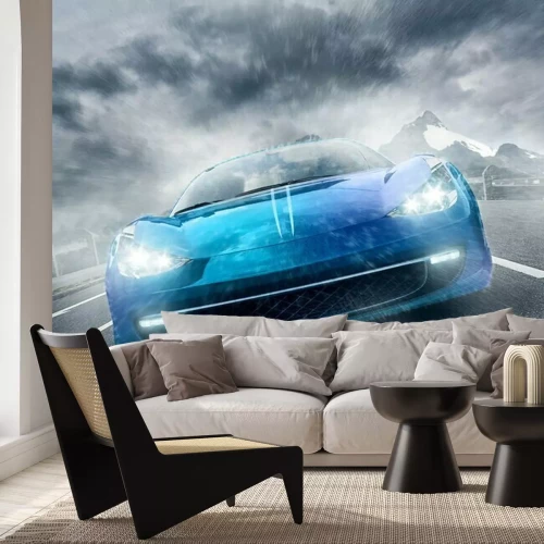 Papier peint  Une voiture bleue roulant sous la pluie