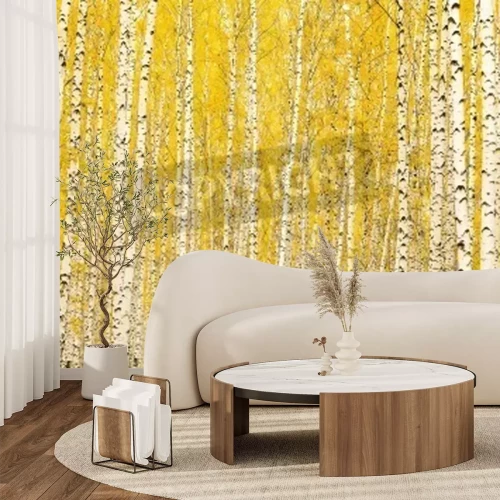 Papier peint  Bouleaux et feuilles jaunes