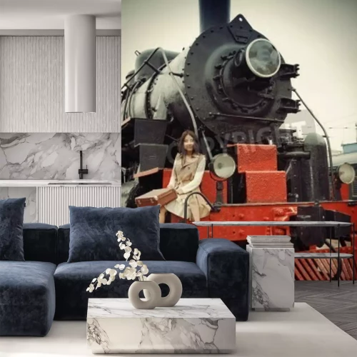 Papier peint  Train rétro noir avec une femme