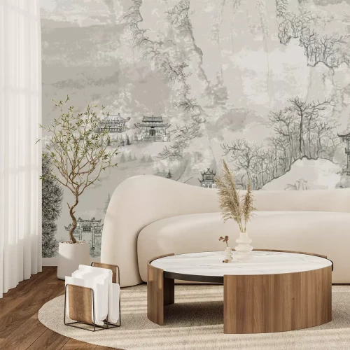 Papier peint  Paysage chinois avec des fleurs de cerisier