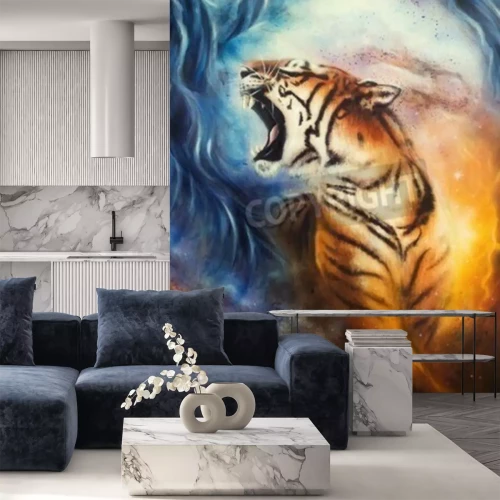 Papier peint  Tigre sur fond cosmos