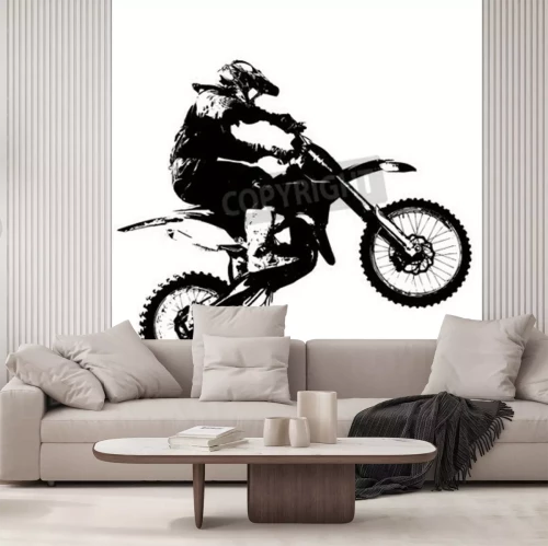 Papier peint  Silhouette noire d'un motocycliste sur fond blanc