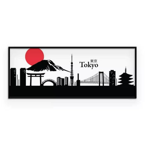 Poster  Le contour minimaliste des bâtiments de Tokyo avec le mont Fuji en arrière-plan.