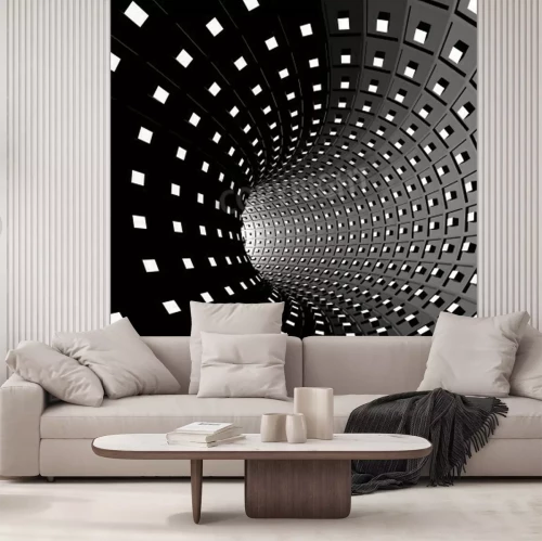 Papier peint  Tunnel 3D noir et blanc avec maillage de formes géométriques