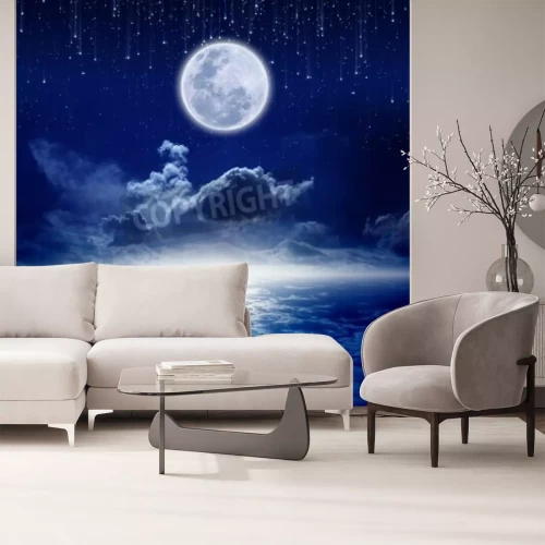 Papier peint  Pleine lune avec étoiles filantes