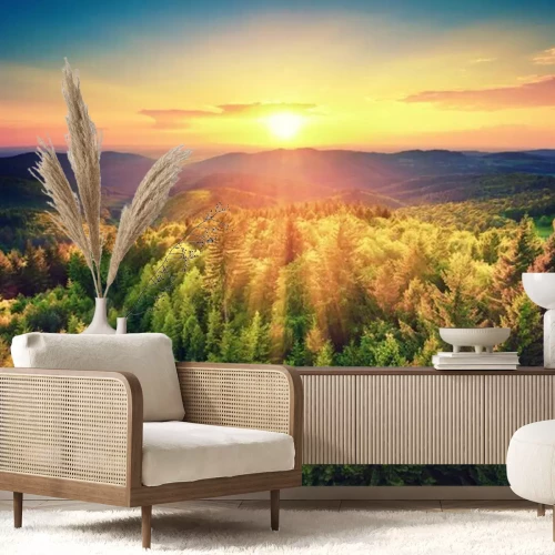 Papier peint  Montagnes, forêt et coucher de soleil