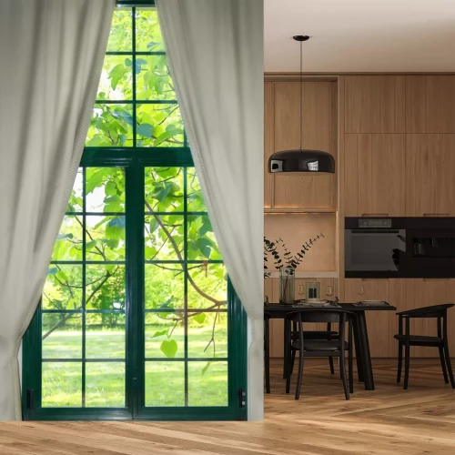 Papier peint  Fenêtre avec des rideaux et vue sur la nature