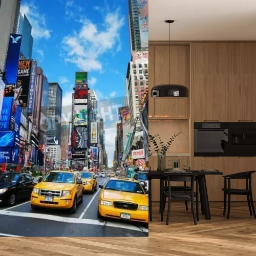 Papier peint  Taxis entre les immeubles colorés