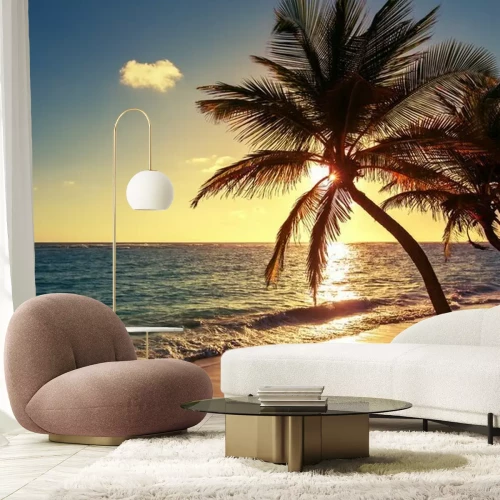 Papier peint  Plage, mer et arbres tropicaux