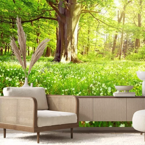 Papier peint  Tronc d'arbre et fleurs