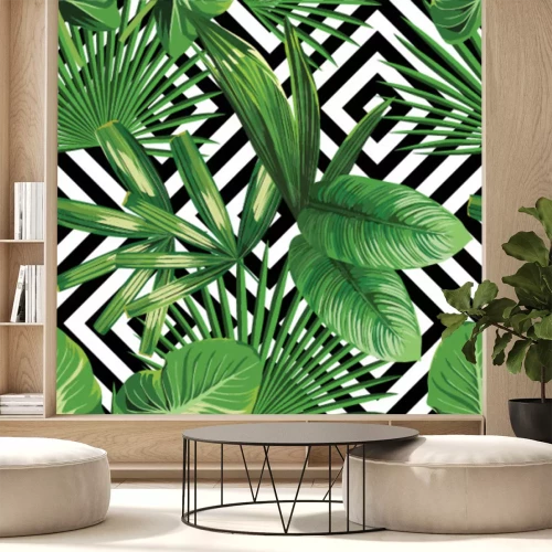 Papier peint  Motif avec nature et fond géométrique