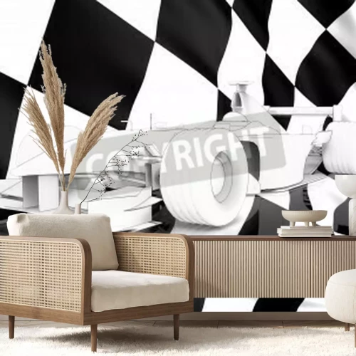 Papier peint  Une voiture de course avec un drapeau