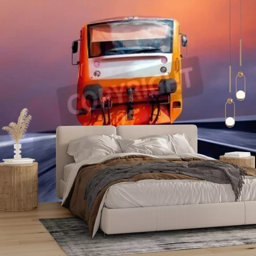 Papier peint  Train orange 3D  roulant à toute vitesse au-dessus des rues