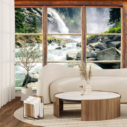 Papier peint  Vue depuis une fenêtre sur une rivière tumultueuse et une cascade