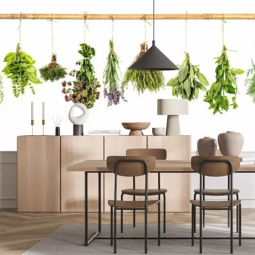 Papier peint  Herbes aromatiques suspendues à une poutre en bois