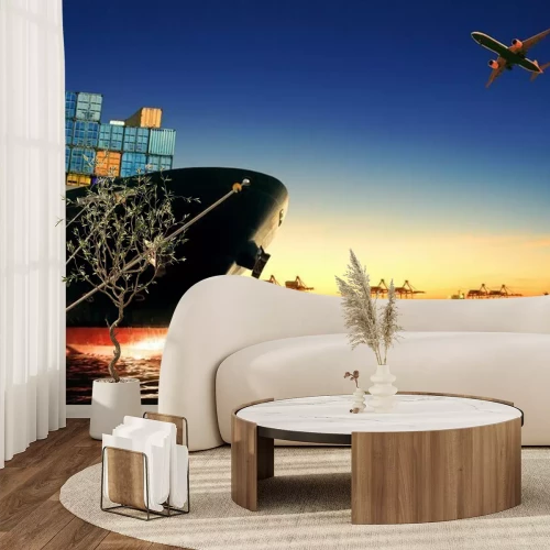 Papier peint  Navire porte-conteneurs dans l'importation, port d'exportation contre beau matin l