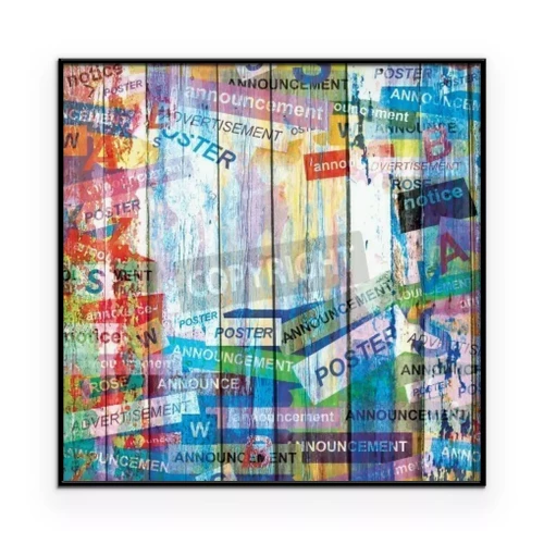 Poster  Un motif avec des panneaux recouverts de slogans colorés