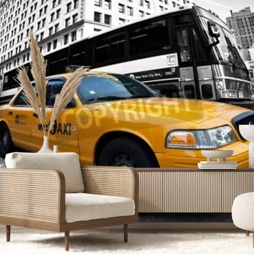 Papier peint  Taxi jaune fond noir et blanc