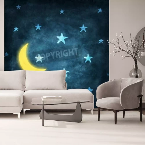 Papier peint  Dessin avec lune et étoiles