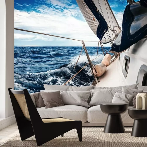 Papier peint  Les voiles blanches des yachts sur le fond de la mer et du ciel dans les nuages