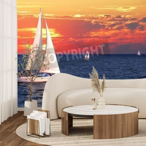 Papier peint  Voilier le soir ciel coloré