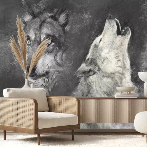 Papier peint  Loups hurlant à la lune