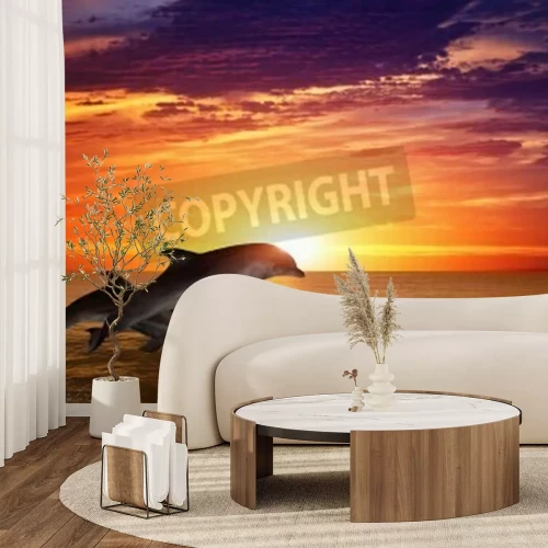 Papier peint  Lever de soleil avec les dauphins sur l'océan