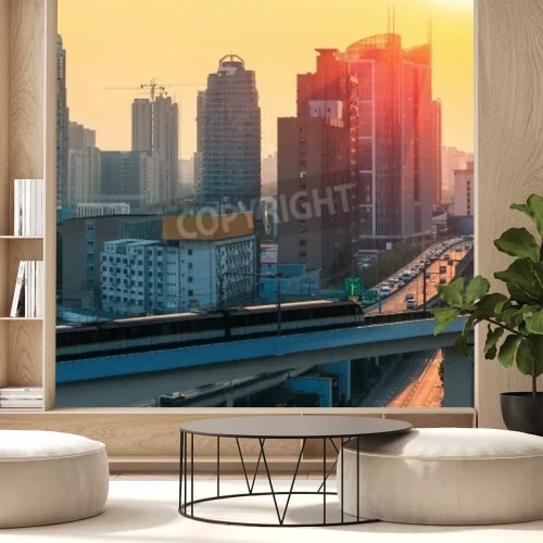 Papier peint  Train roulant à toute vitesse au-dessus des rues