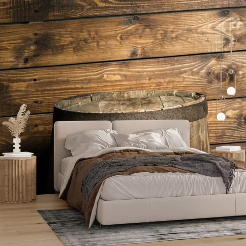 Papier peint  Tonneau sur fond de planches de bois