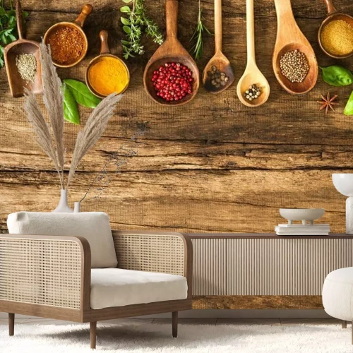 Papier peint  Épices colorées sur table en bois